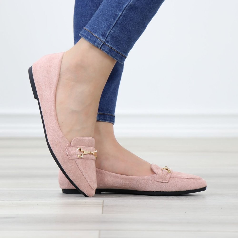 Pink Faux Suede Pointed Toe No Heel Flat Loafers Shoe Gold Accent Decor Slip On - Picture 8 of 14